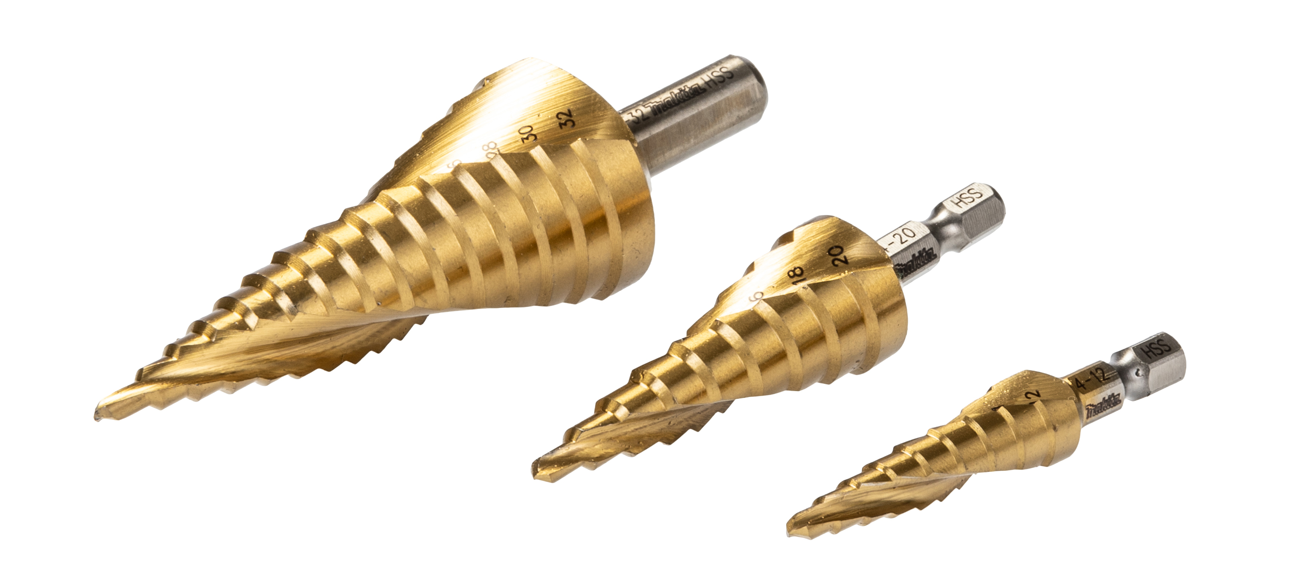 d-41872 Makita 3-Piece Step Drill Bit Set for Metal, 32 mm Max, 4 mm Min, Titanium Nitride (Coated) Bits