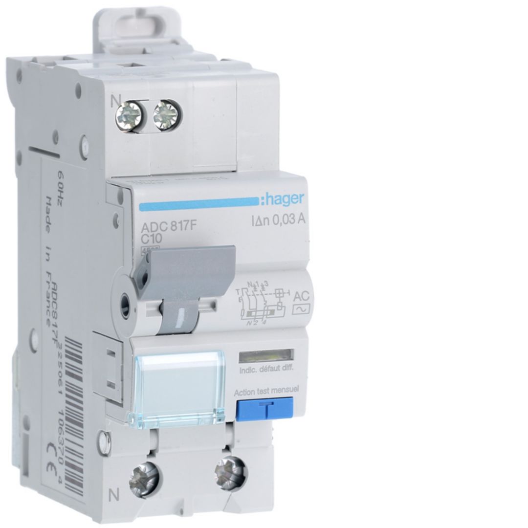 Hager RCBO, 10A Current Rating, 1P+N Poles, 30mA Trip Sensitivity, Type AC