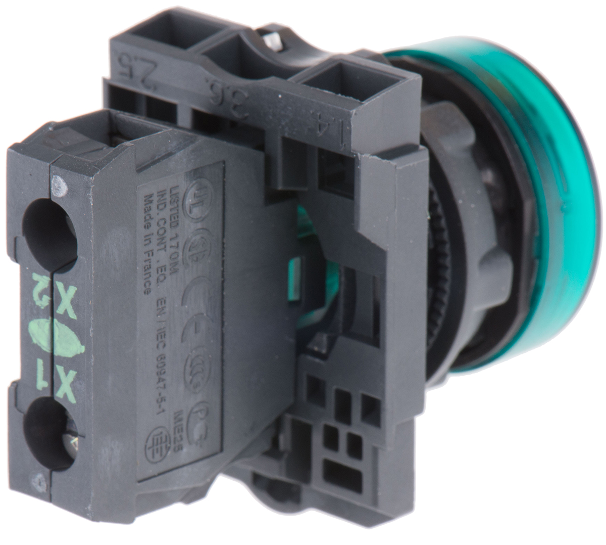 Schneider Electric, Harmony XB5, Panel Mount Green Universal LED Pilot Light, 22mm Cutout, IP66, IP67, 120V ac
