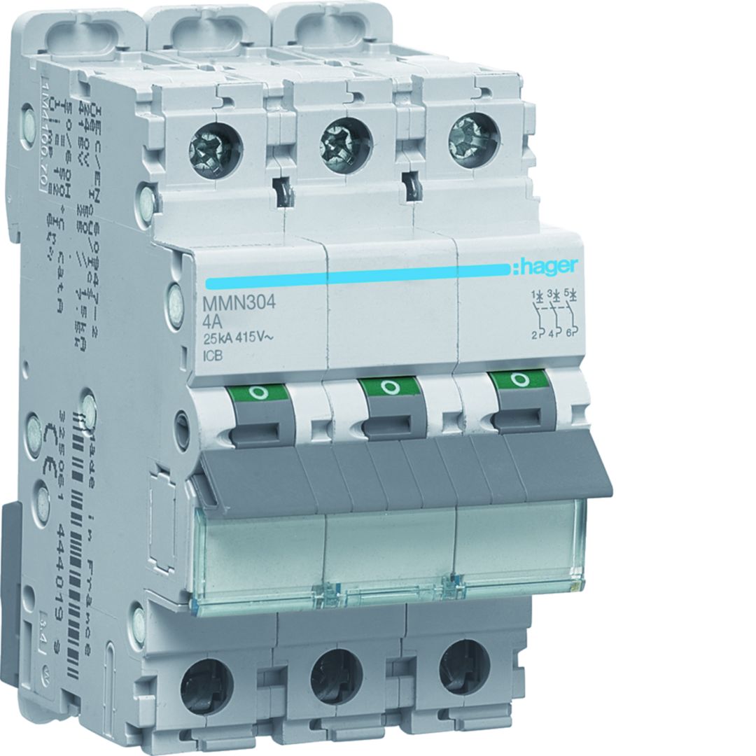 Hager MMN MCB, 3P, 4A, 400V AC, 25 kA Breaking Capacity