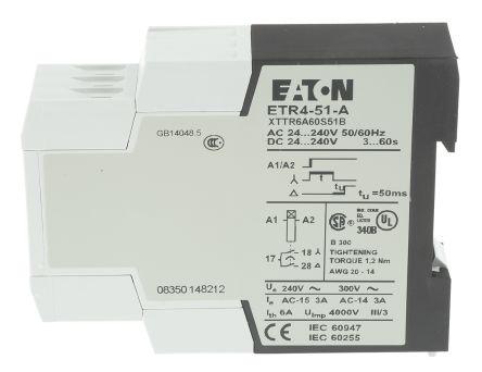 etr4-51-a Eaton Star Delta Switching Single Timer Relay, Screw, 3 → 60 s, SPNO, 2 Contacts, DPDT, 24 → 240 V ac/dc
