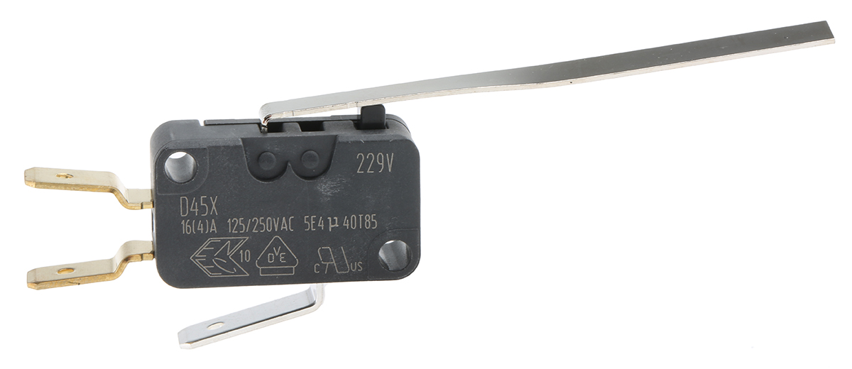 d459-v3ll ZF Long Leaf Lever Micro Switch, Tab Terminal, 16 A, 250 V ac, SPDT, IP40