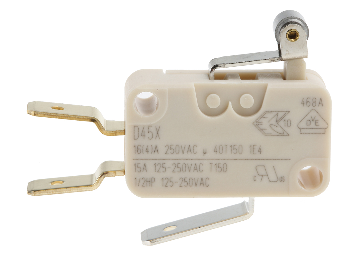 d45u-v3ra ZF Short Roller Lever Micro Switch, Tab Terminal, 16 A, 250 V ac, SPDT (NO/NC), IP40