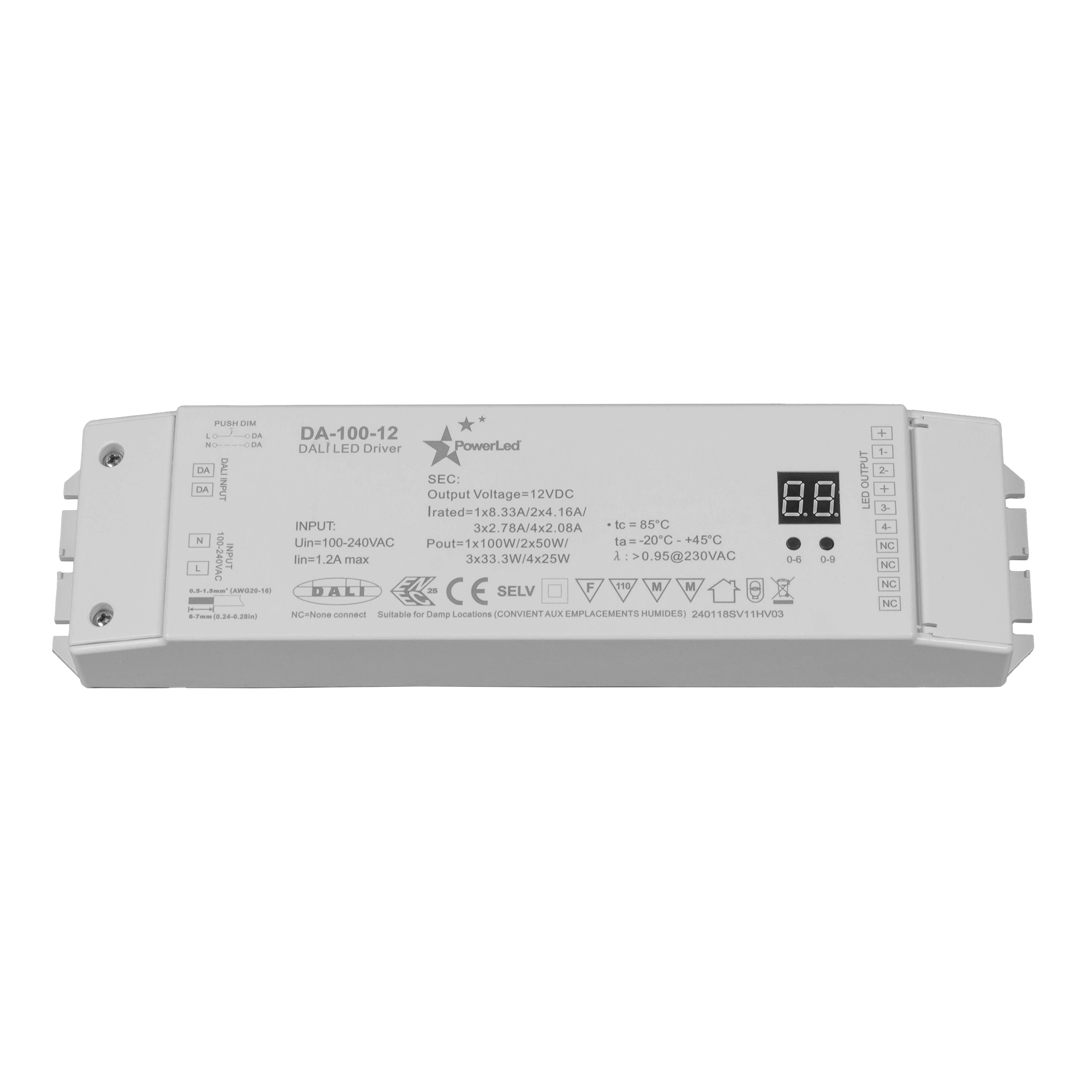 PowerLED LED Driver, 12V dc Output, 102 W Output, 8.5A DALI2