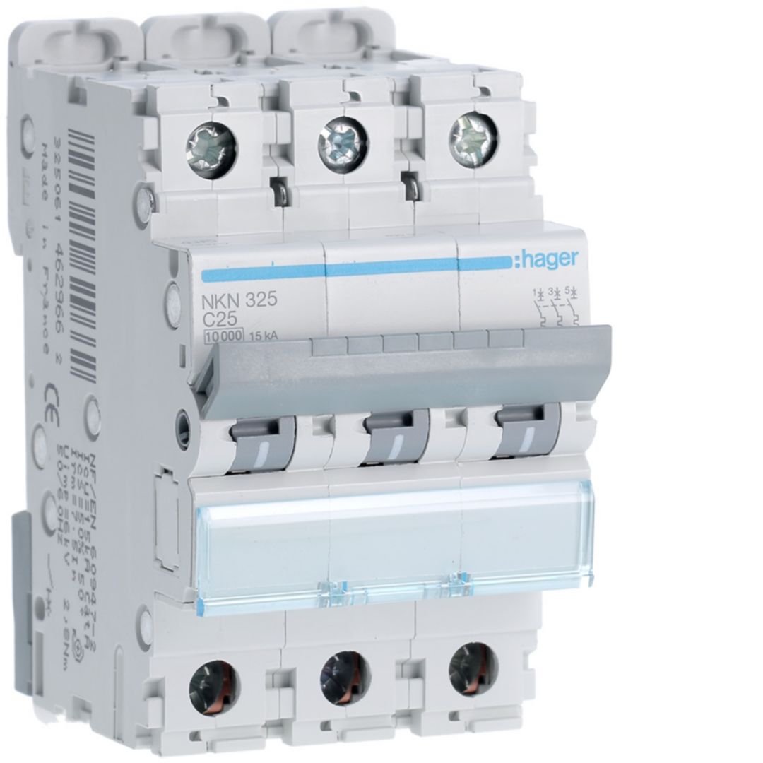Hager Hager NKN Circuit Breaker, 3P, 25A Curve C, 400V AC, 15 kA Breaking Capacity