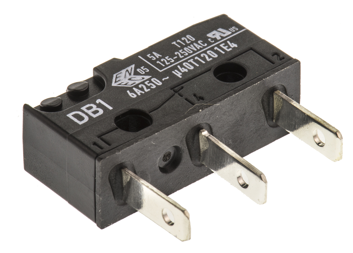 db1c-b1aa ZF Button Micro Switch, Tab Terminal, 6 A, 250 V ac, SPDT, IP50