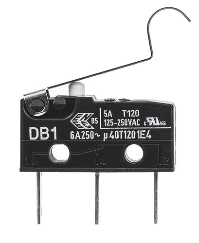 db1c-b1sc ZF Simulated Roller Lever Micro Switch, Tab Terminal, 6 A, 250 V ac, SPDT, IP50