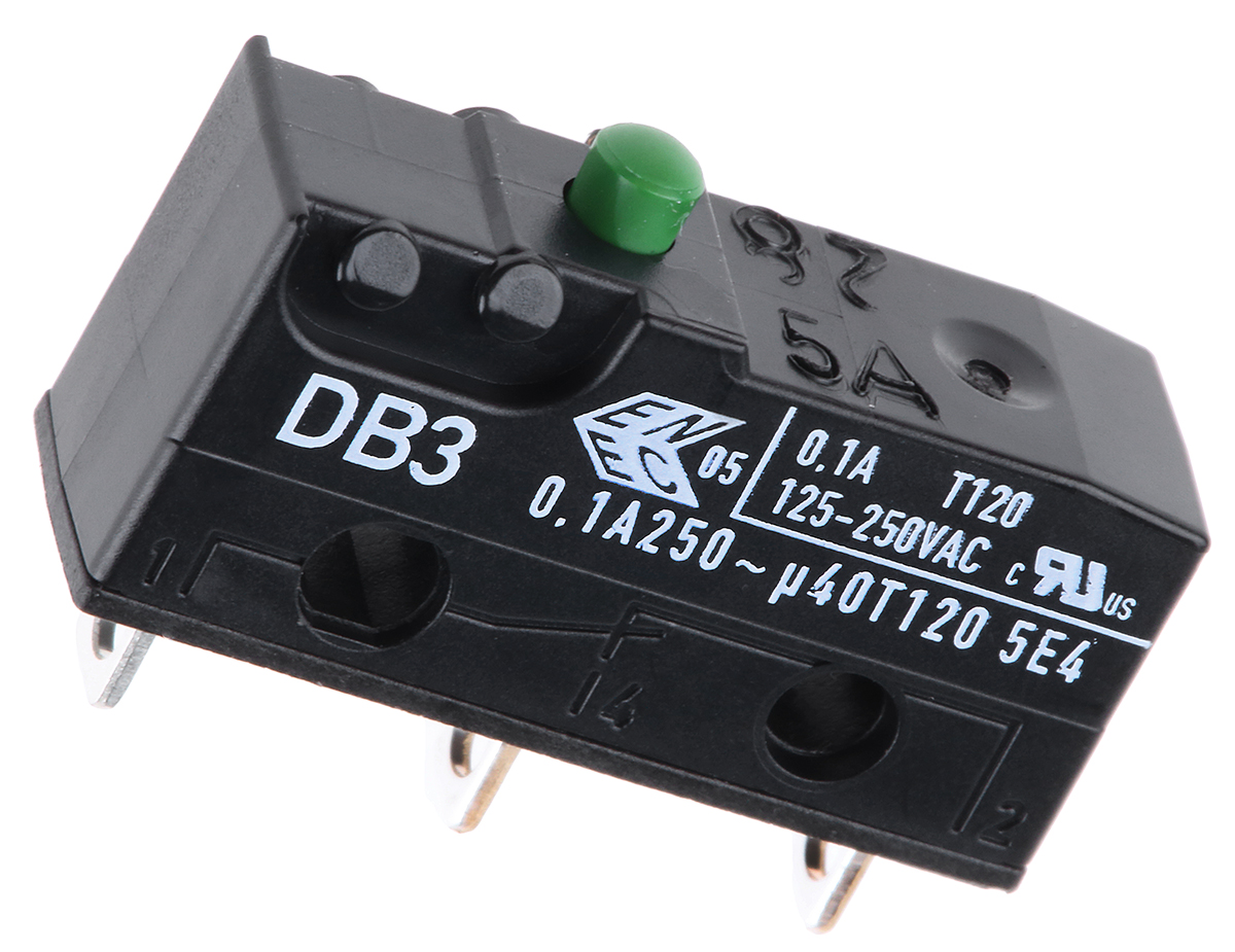 db3c-a1aa ZF Button Micro Switch, Solder Terminal, 100 mA, 250 V ac, SPDT, IP50