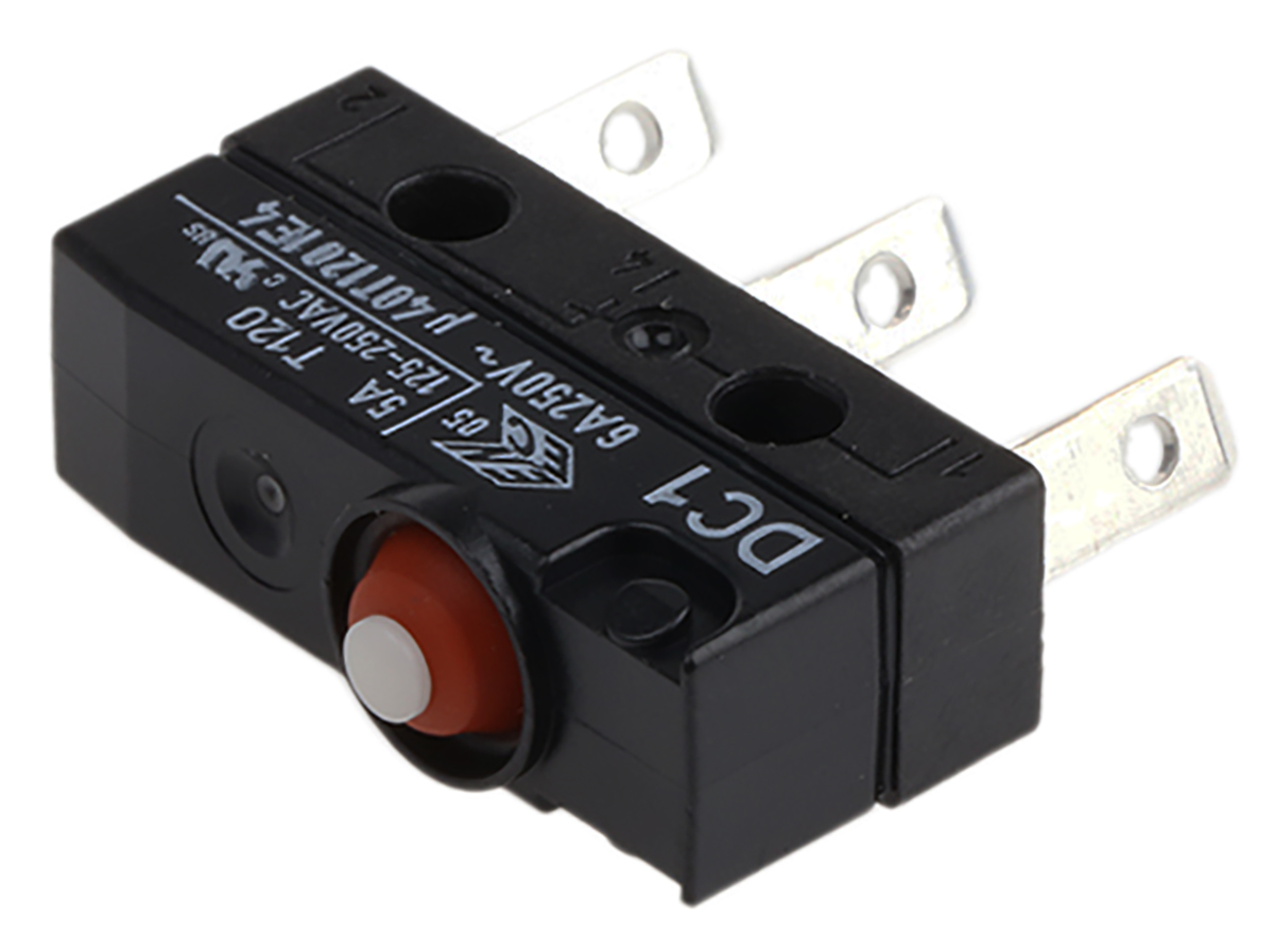 ZF Button Micro Switch, Tab Terminal, 6 A, 250 V ac, SPDT, IP6K7