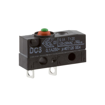 ZF Button Micro Switch, Solder Terminal, 100 mA, 250 V ac, SPST, IP6K7