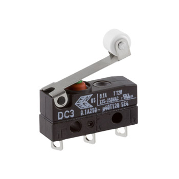 ZF Short Roller Lever Micro Switch, Solder Terminal, 100 mA, 250 V ac, SPDT, IP6K7