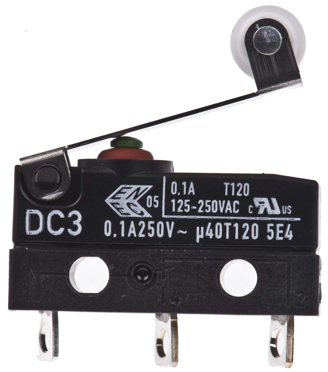 dc3c-a1rb ZF Short Roller Lever Micro Switch, Solder Terminal, 100 mA, 250 V ac, SPDT, IP6K7