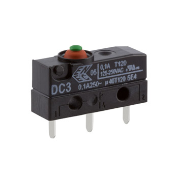 ZF Button Micro Switch, Solder Terminal, 100 mA, 250 V ac, SPDT, IP6K7