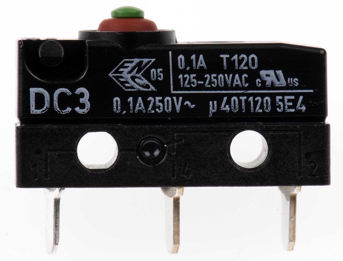 dc3c-h1aa ZF Button Micro Switch, Solder Terminal, 100 mA, 250 V ac, SPDT, IP6K7
