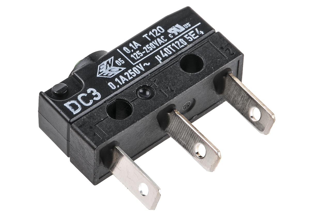 ZF Button Micro Switch, Solder Terminal, 100 mA, 250 V ac, SPDT, IP6K7