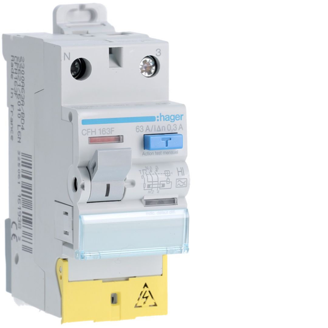 Hager CFH RCCB, 63A, 1P+N Pole, 300mA, Type A-HI, 230V ac