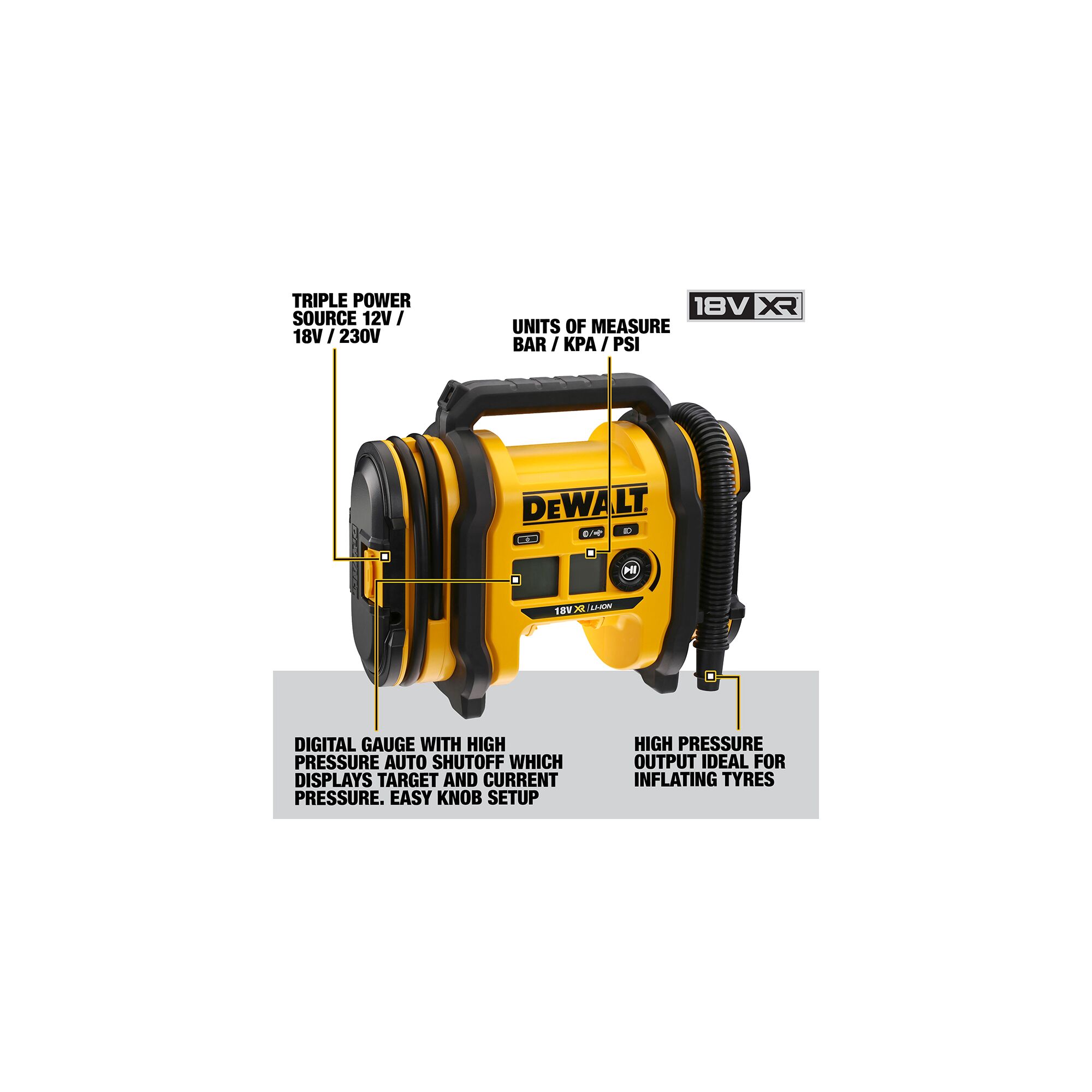 dcc018n-xj DeWALT Tyre Inflator 0 to 11 bar