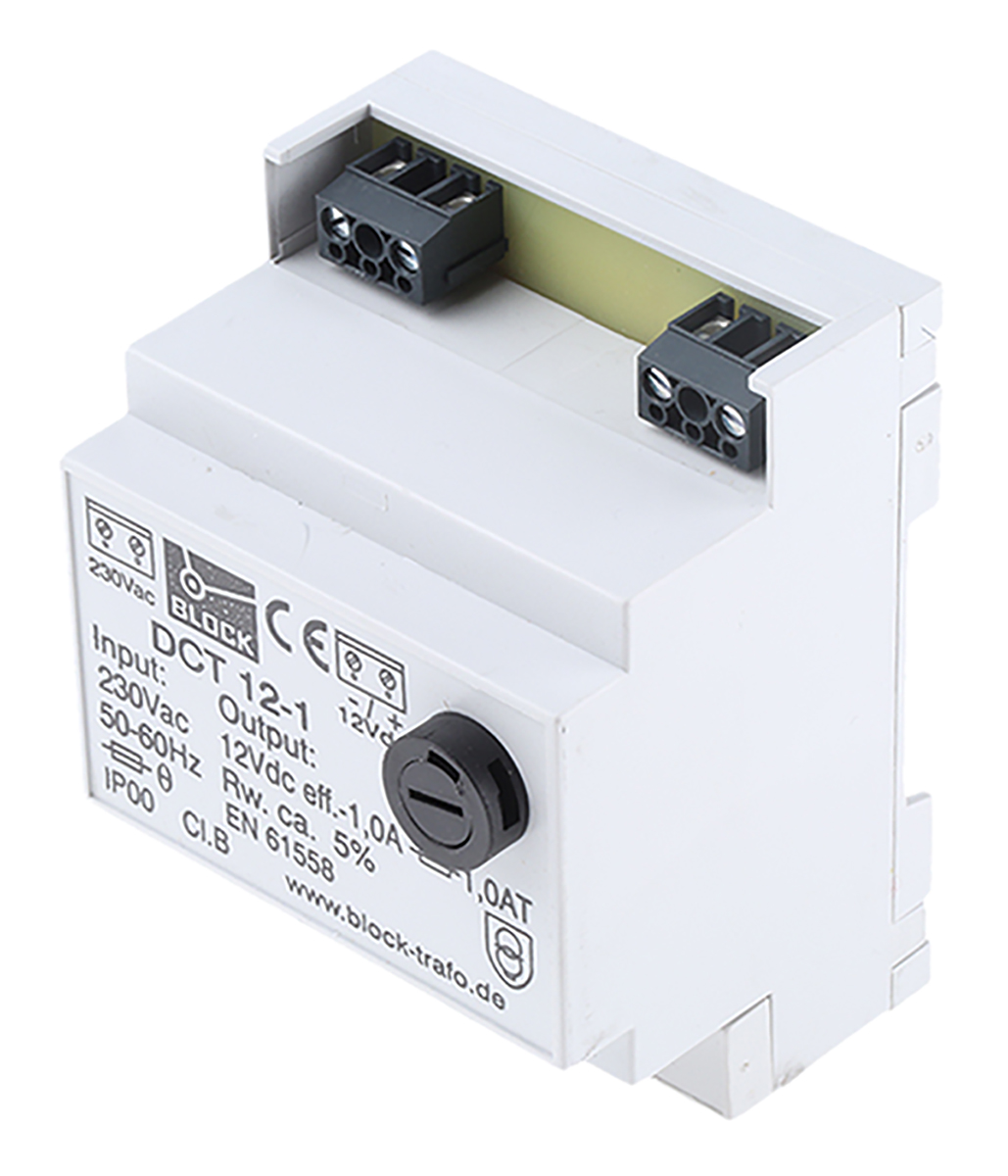 Block DCT Resin Encapsulated Transformer DIN Rail Power Supply 230V ac AC Input 12V dc, 1.00 A Output DC 12.00 W