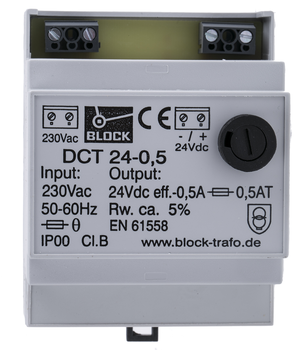 Block DCT Resin Encapsulated Transformer DIN Rail Power Supply 230V ac AC Input 24V dc, 0.50 A Output DC 12.00 W