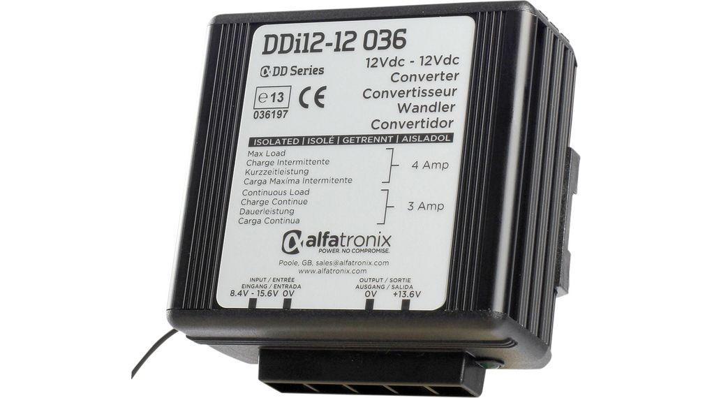 Alfatronix DD DC/DC Converter, 13.6V dc/ 3 A, 15.6V dc Input, 8.4V Input 36 W, Clip, 30 °C Max Temp -25 °C Min Temp