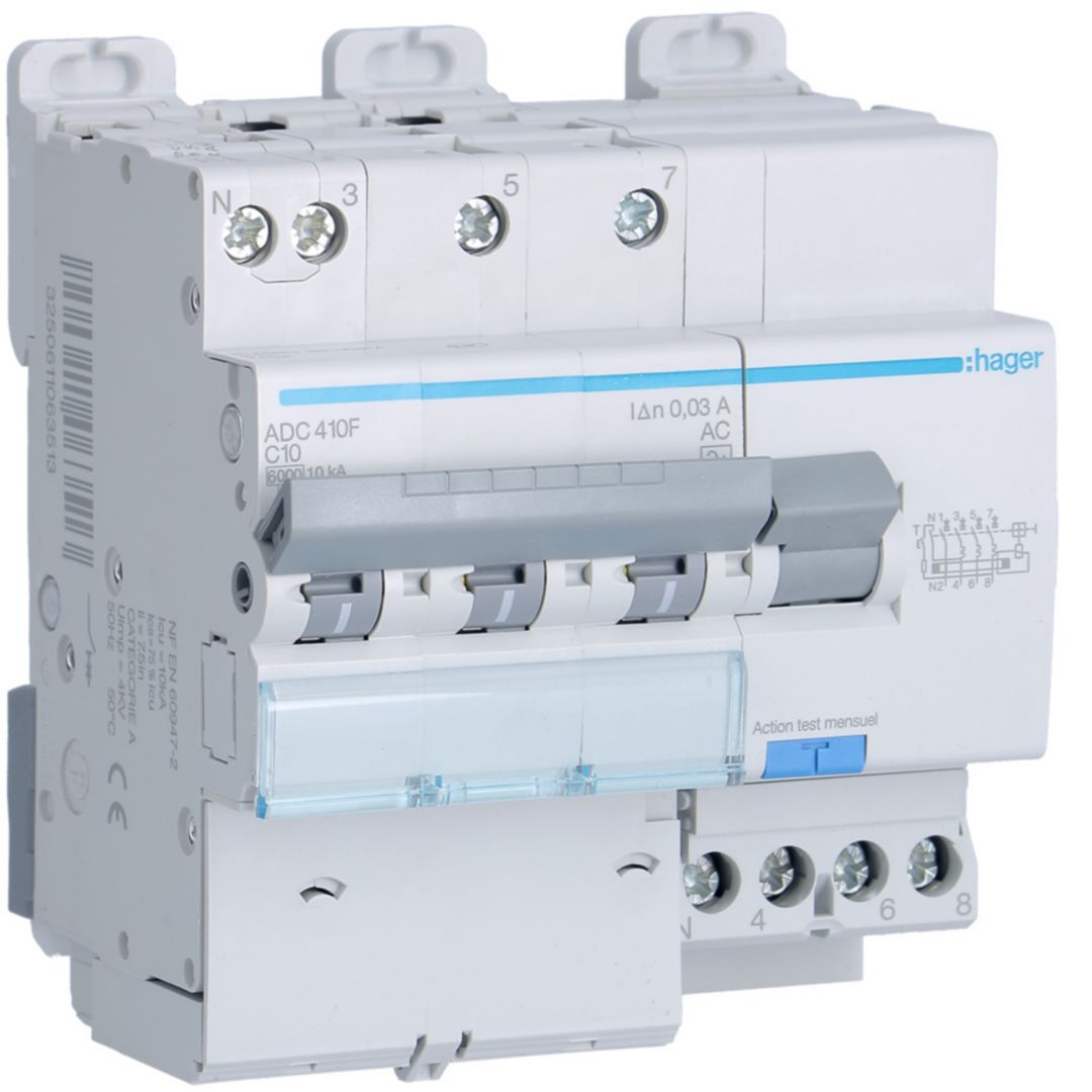 Hager RCBO, 10A Current Rating, 3P+N Poles, 30mA Trip Sensitivity, Type AC