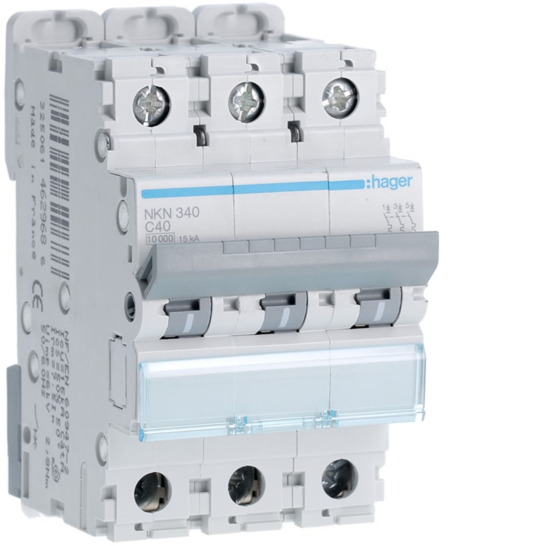 Hager Hager NKN Circuit Breaker, 3P, 40A Curve C, 400V AC, 15 kA Breaking Capacity