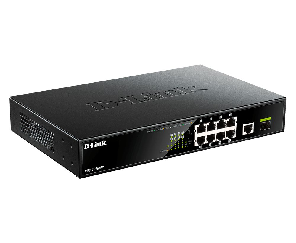 D-Link Desktop Gigabit PoE+ Switch with 1 x SFP port and 1 x Gigabit Uplink Port Unmanaged 10 Port Network Switch Power