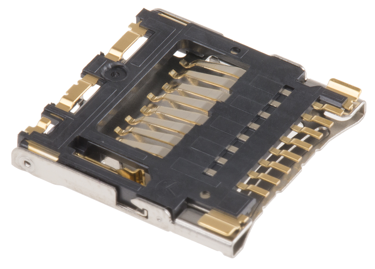 Hirose, DM3 8 Way Right Angle Hinged MicroSD Memory Card Connector, Solder