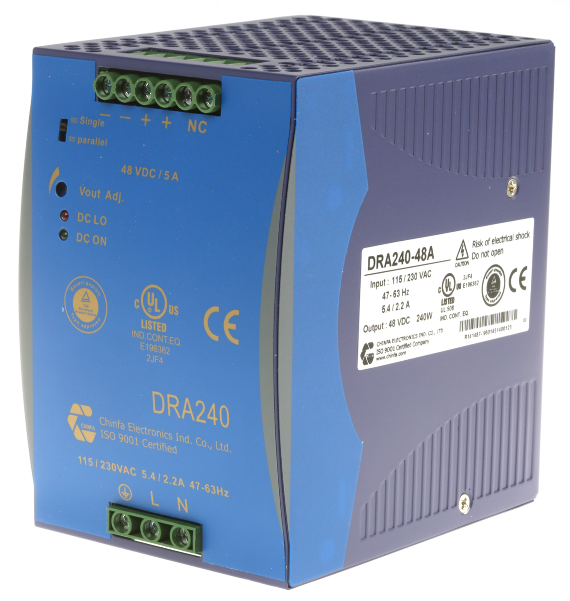 Chinfa DRA240 Switched Mode DIN Rail Power Supply 264V ac AC Input 48V dc, 5 A Output DC 240 W