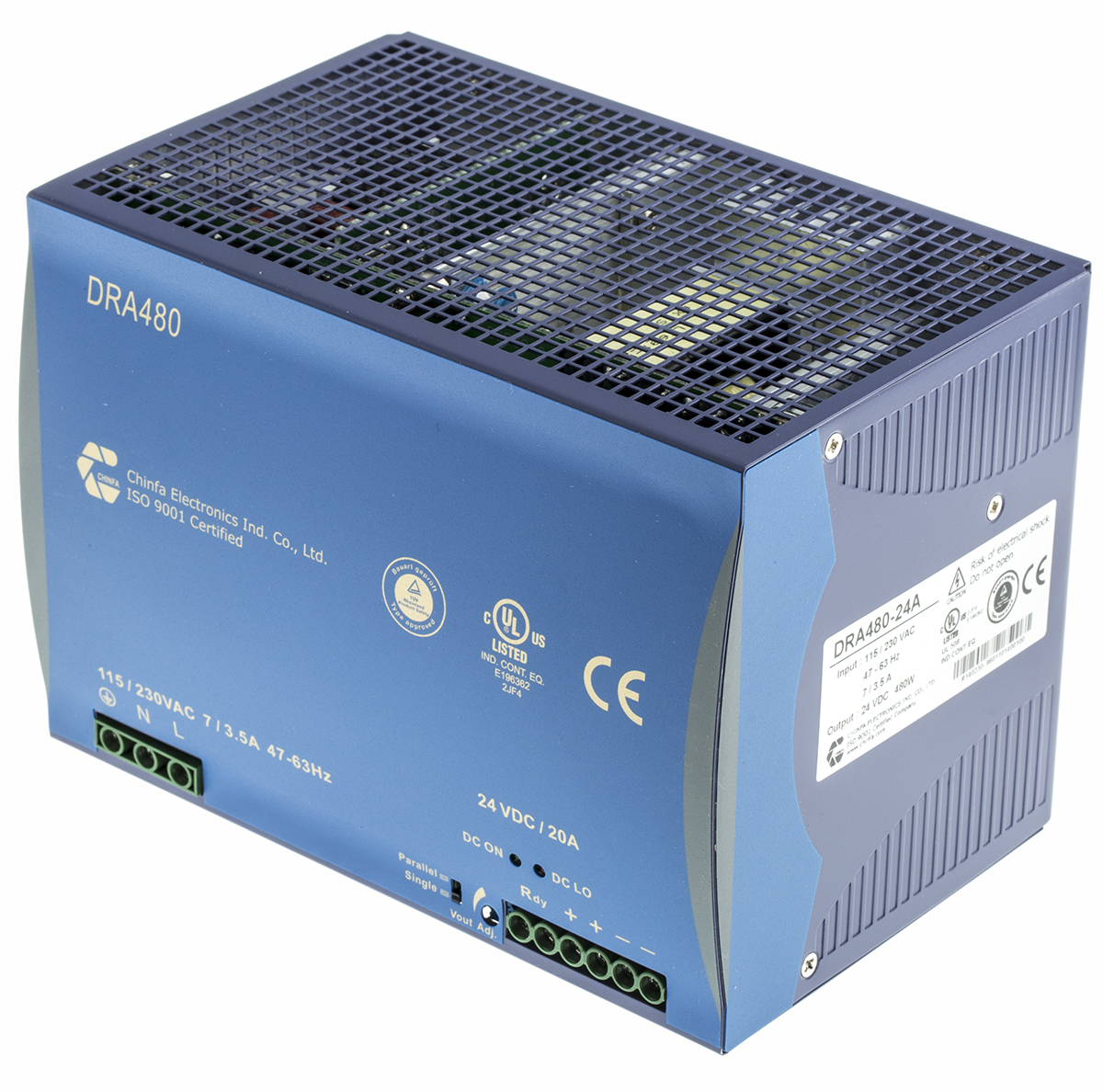 Chinfa DRA480 Switched Mode DIN Rail Power Supply 264V ac AC Input 24V dc, 20 A Output DC 480 W