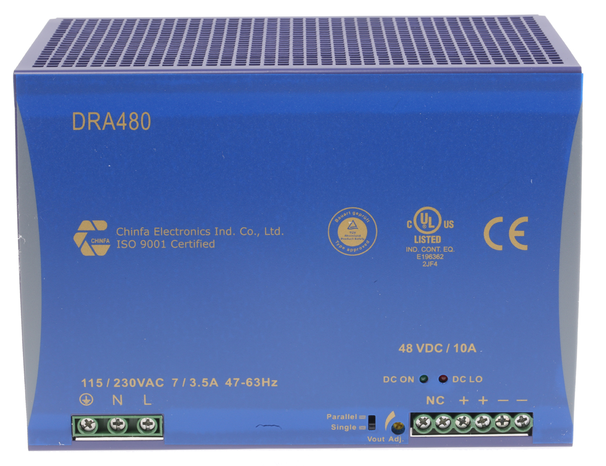 Chinfa DRA480 Switched Mode DIN Rail Power Supply 264V ac AC Input 48V dc, 10 A Output DC 480 W