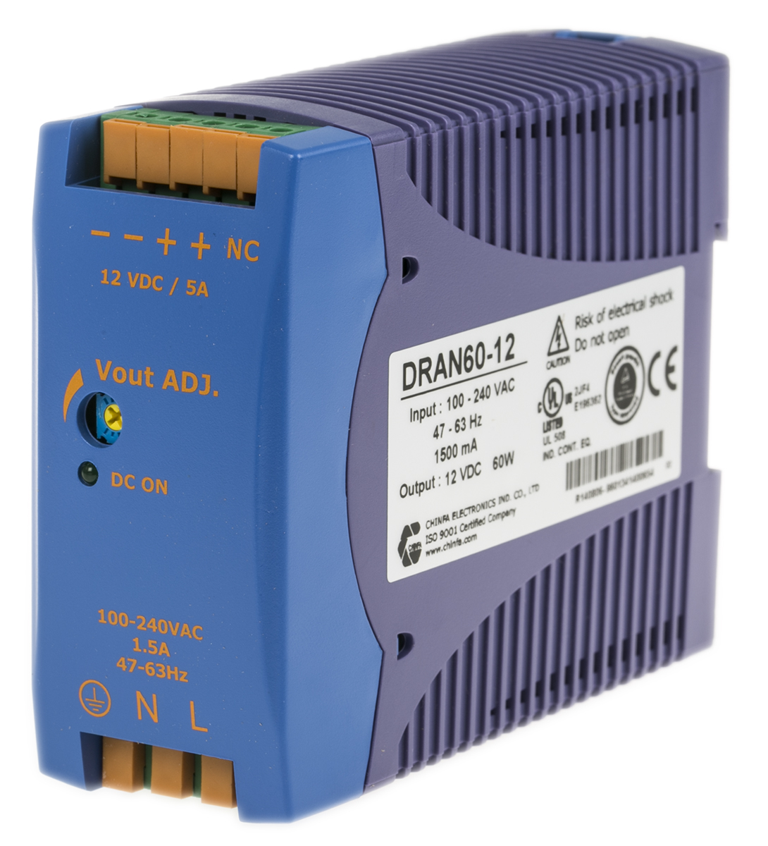 Chinfa DRAN60 Switched Mode DIN Rail Power Supply 264V ac AC Input 12V dc, 5 A Output DC 60 W