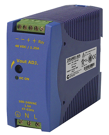 Chinfa DRAN60 Single Output DIN Rail Power Supply 264V ac AC Input 12V dc, 5 A Output DC 60 W