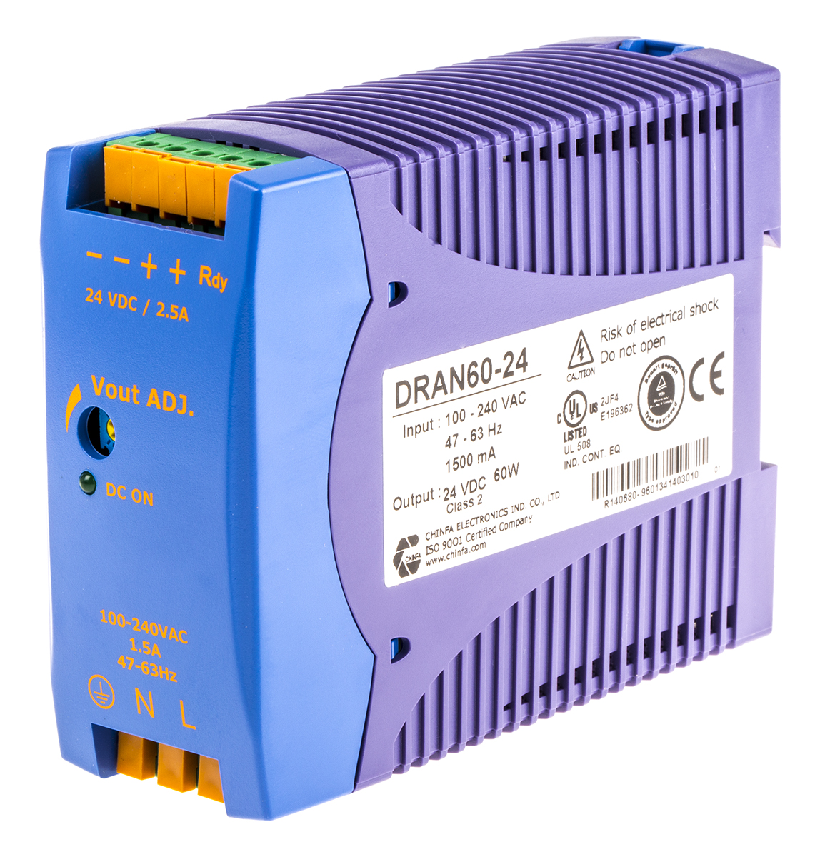 Chinfa DRAN60 Switched Mode DIN Rail Power Supply 264V ac AC Input 24V dc, 2.5 A Output DC 60 W