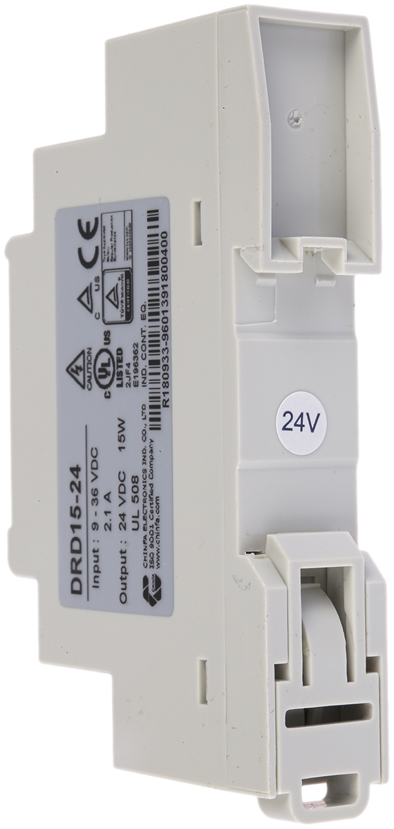 drd15-24 Chinfa DRD15 DC/DC Converter, 24V dc/ 630 mA, 36V dc Input, 24V dc Input, DIN Rail 15 W, 71 °C Max Temp 71 °C Min Temp
