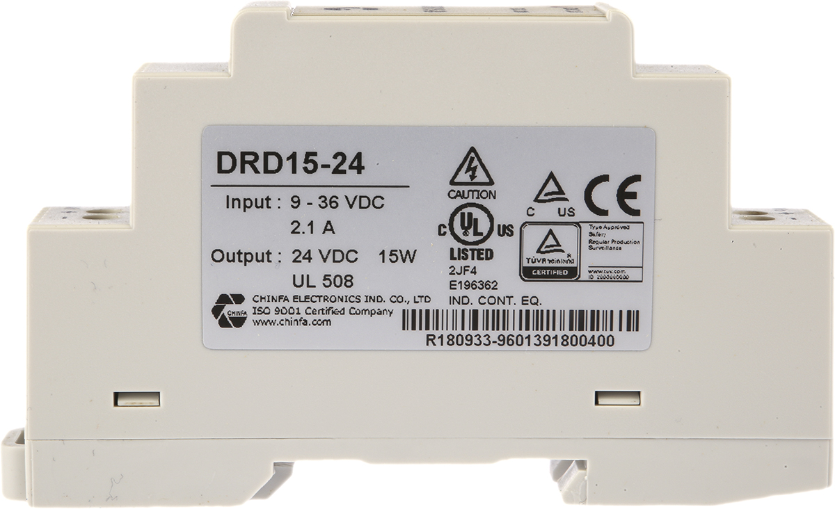 drd15-24 Chinfa DRD15 DC/DC Converter, 24V dc/ 630 mA, 36V dc Input, 24V dc Input, DIN Rail 15 W, 71 °C Max Temp 71 °C Min Temp