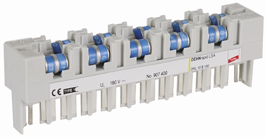 Dehn, DRL LSA Surge Arrester 180 V dc, 127V ac Maximum Voltage Rating 10 kA Maximum Surge Current Lightning Arrester