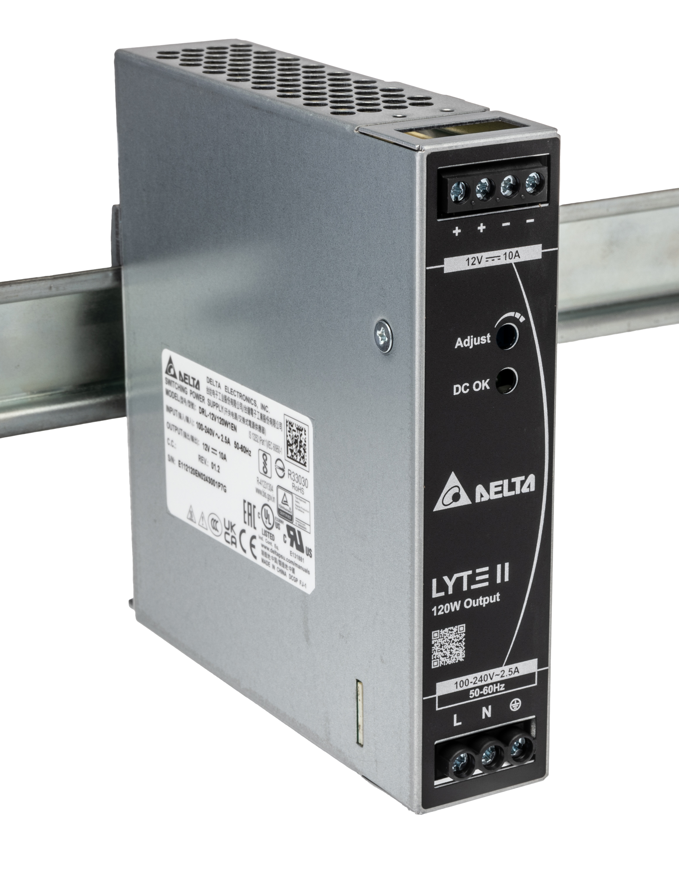 Delta Electronics DRL Switched Mode DIN Rail Power Supply 264V ac AC Input 12V dc, 10 A Output DC 120 W