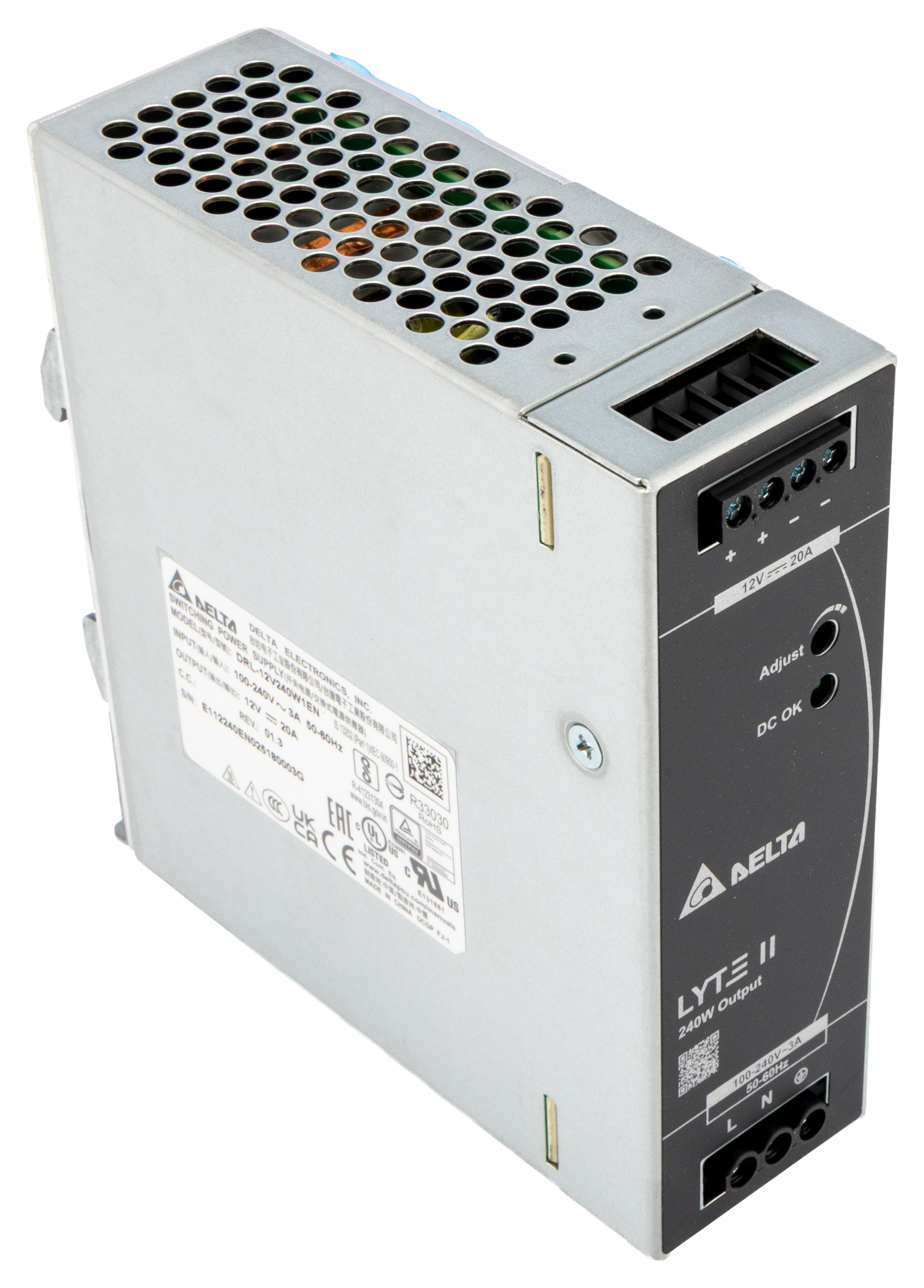 Delta Electronics DRL Switched Mode DIN Rail Power Supply 264V ac AC Input 12V dc, 20 A Output DC 240 W