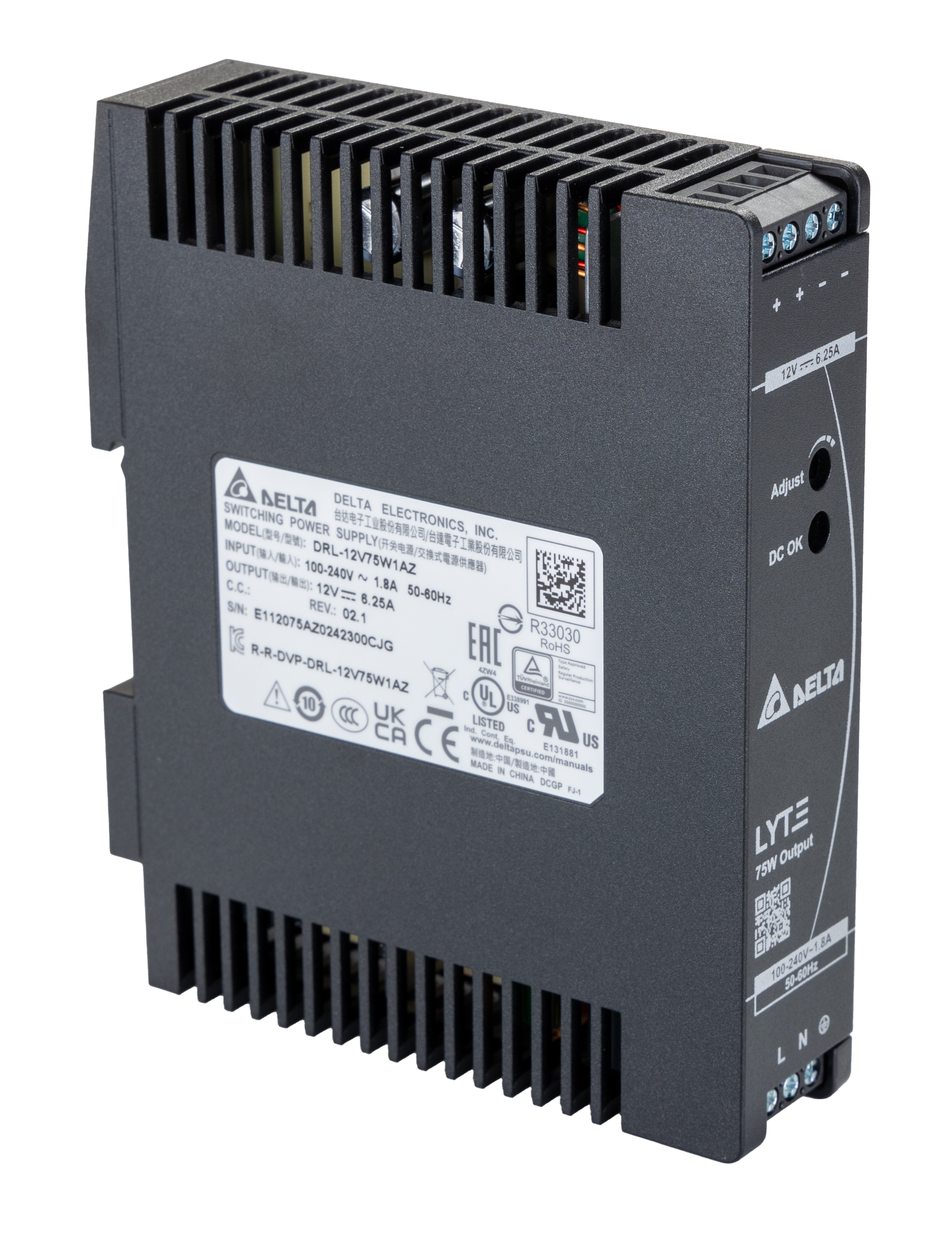 Delta Electronics DRL Switched Mode DIN Rail Power Supply 264V ac AC Input 12V dc, 6.25 A Output DC 75 W