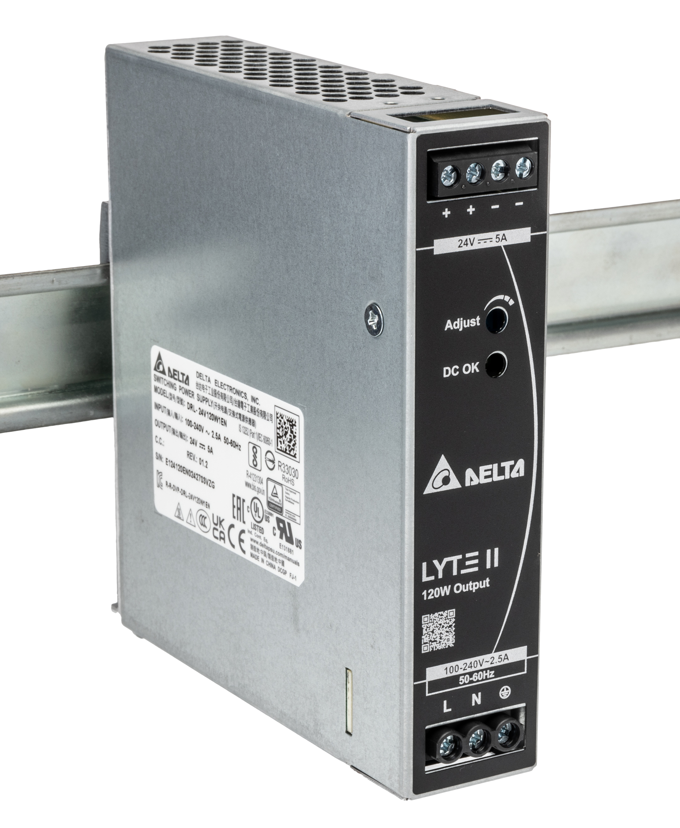 Delta Electronics DRL Switched Mode DIN Rail Power Supply 264V ac AC Input 24V dc, 5 A Output DC 120 W