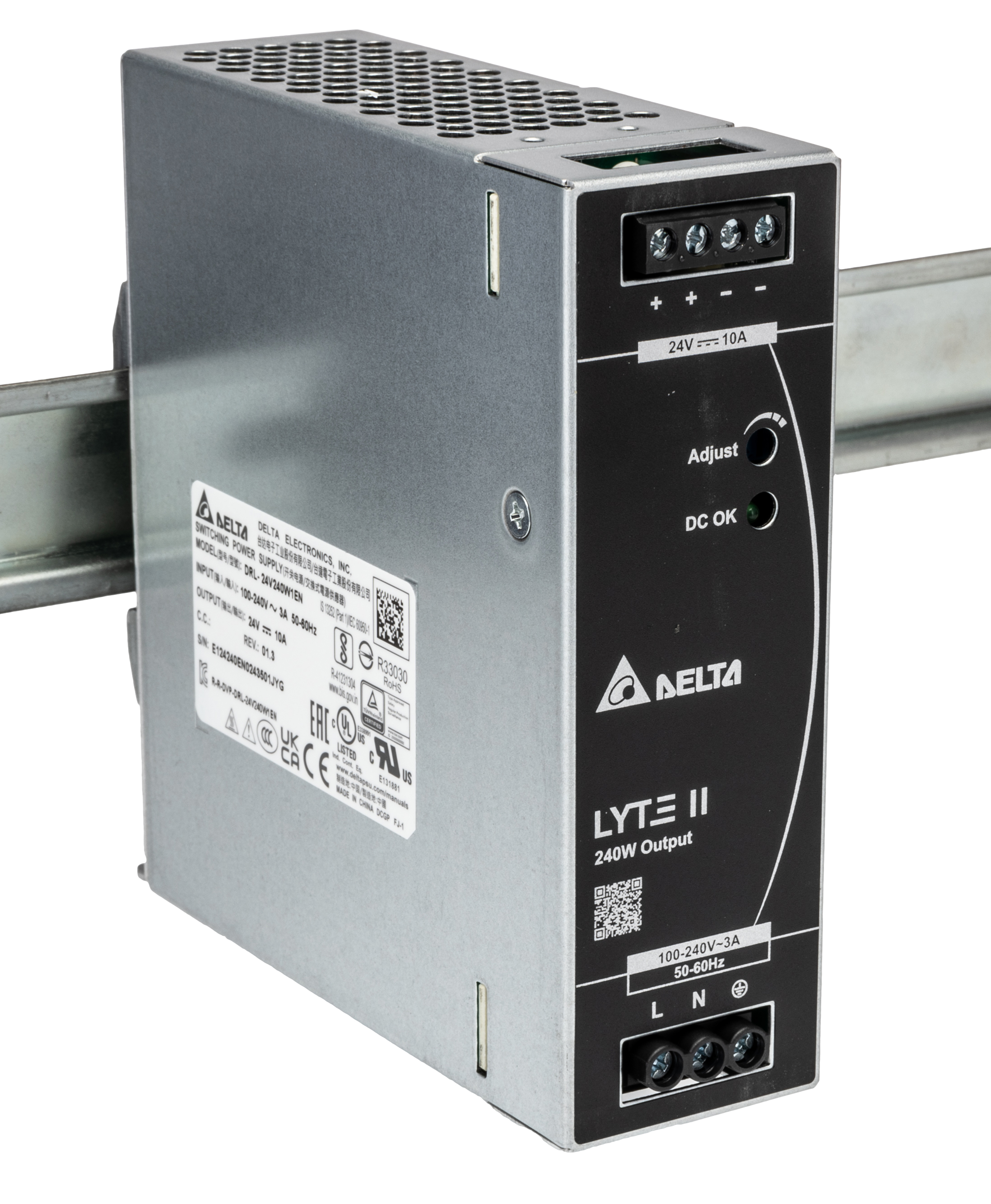 Delta Electronics DRL Switched Mode DIN Rail Power Supply 264V ac AC Input 24V dc, 10 A Output DC 240 W