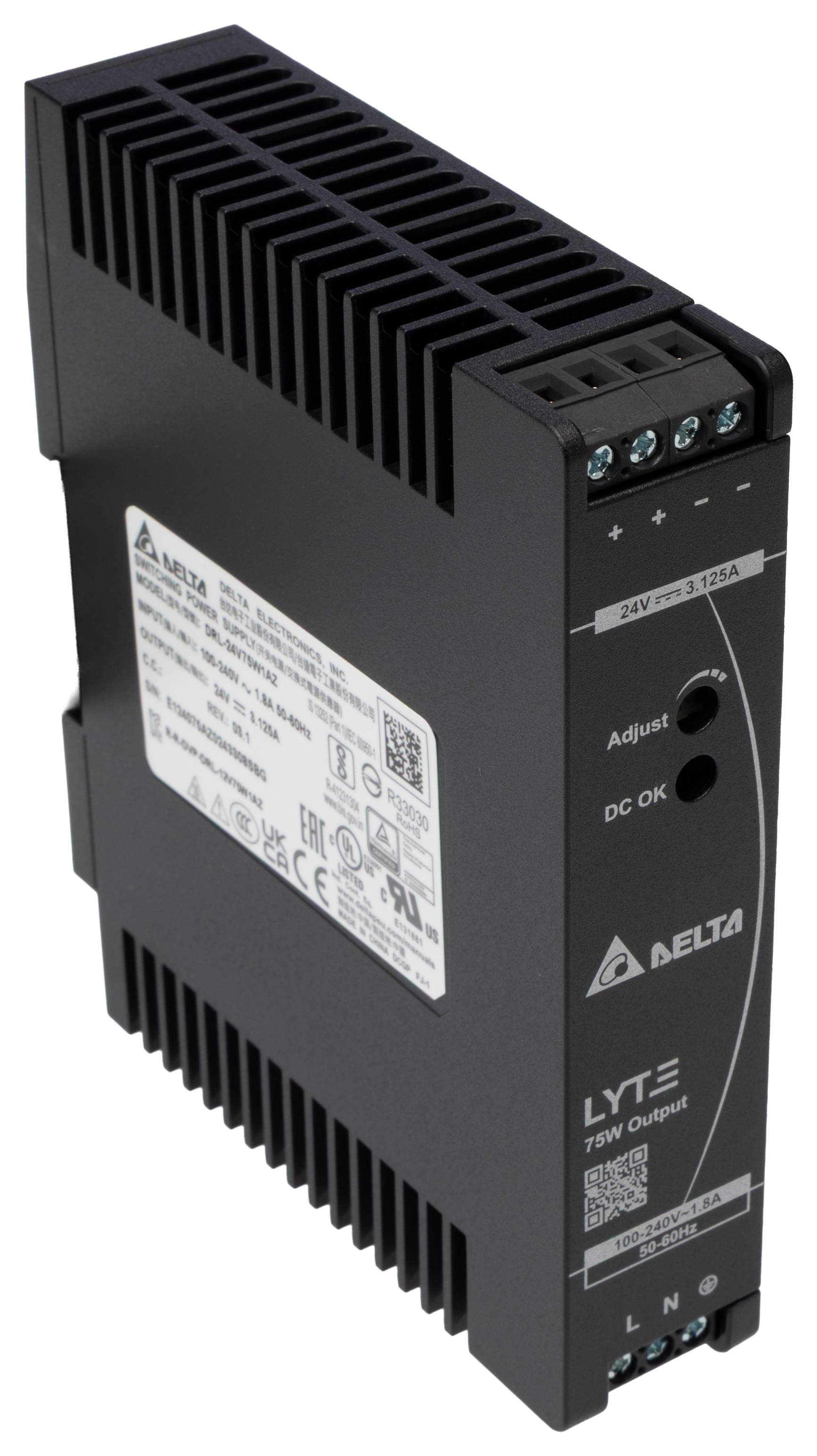 Delta Electronics DRL Switched Mode DIN Rail Power Supply 264V ac AC Input 24V dc, 3.125 A Output DC 75 W