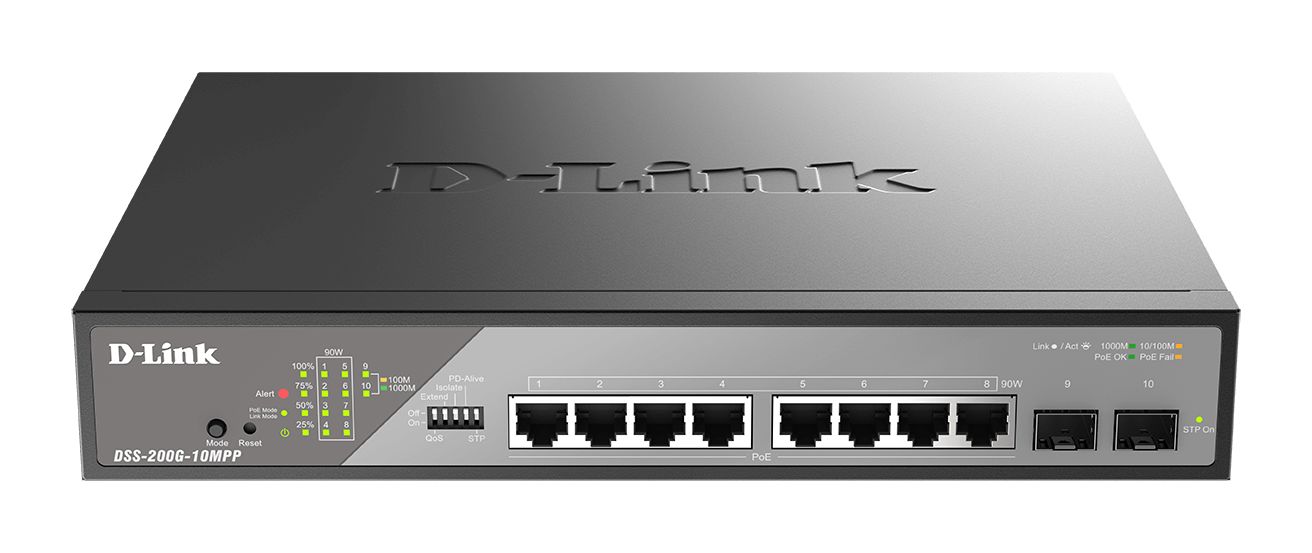 dss-200g-10mppe D-Link 10-Port Gigabit PoE Smart Managed Surveillance Max PoE Switch with 802.3bt Smart 10 Port Gigabit Switch Power