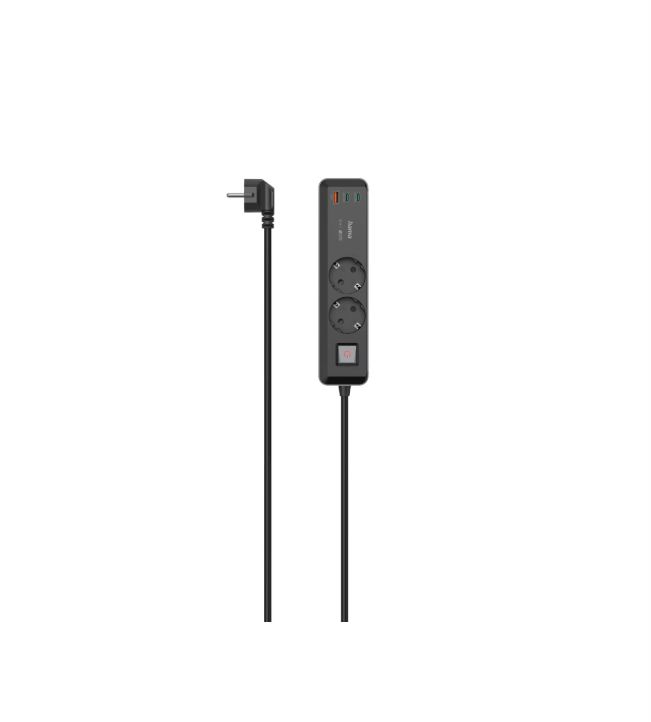 Hama USB A, USB C 2 Gang Power Distribution Unit, 1.4m Cable, 16A, 250 V, Surge Protected