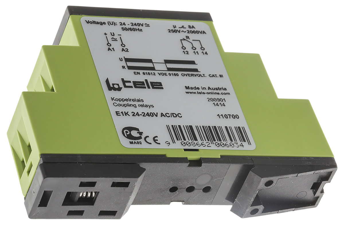 e1k-24-240vacdc Tele ENYA Series Coupling Relay Interface Relay, DIN Rail, 24V ac/dc, 240 V ac/dc Coil, 1 CO