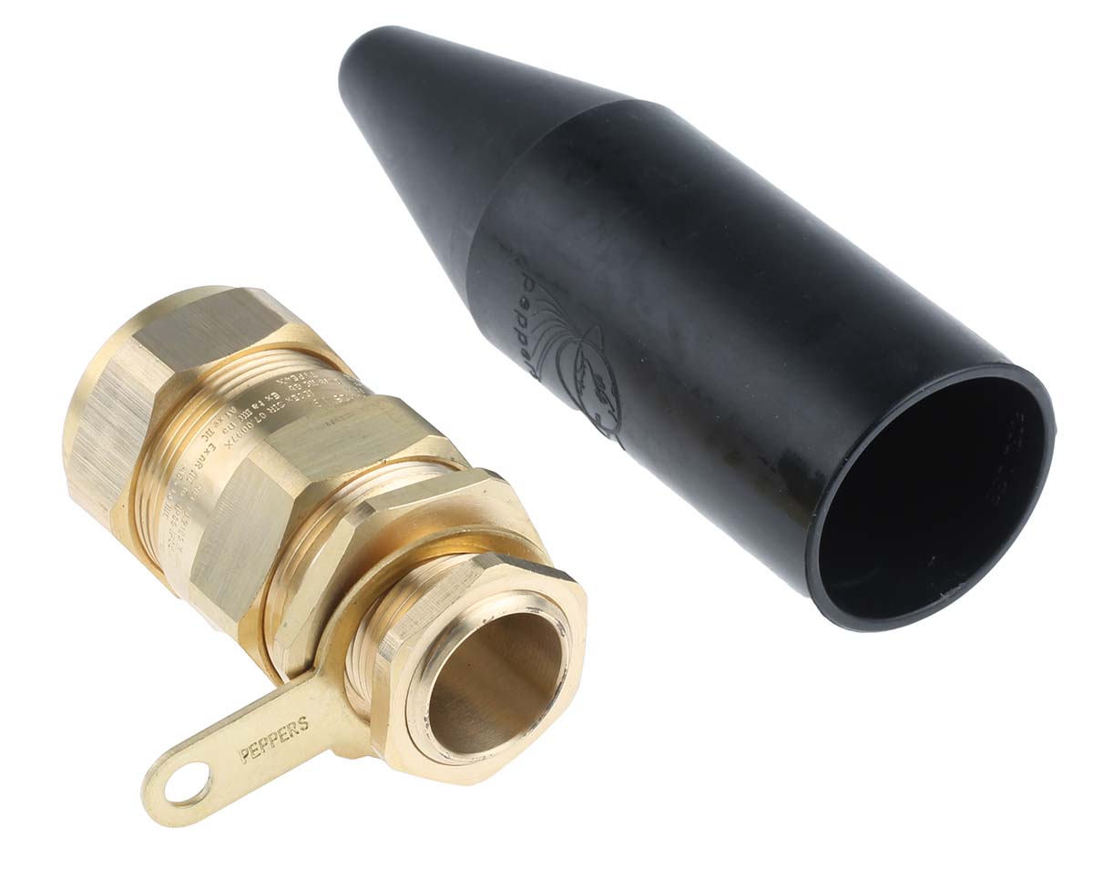 e1wfk225m25 Peppers Black Brass Cable Gland, M25 Thread, 20.3 mm min., 27.4 mm max., IP66