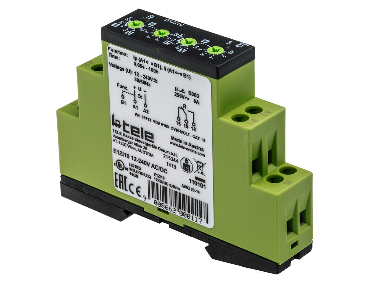 Tele E1ZI10 Series DIN Rail Timer Relay, 1-Contact, 240 V dc 12V ac, 240 V ac, 0.05 s to 100 h, Multifunction-Function,