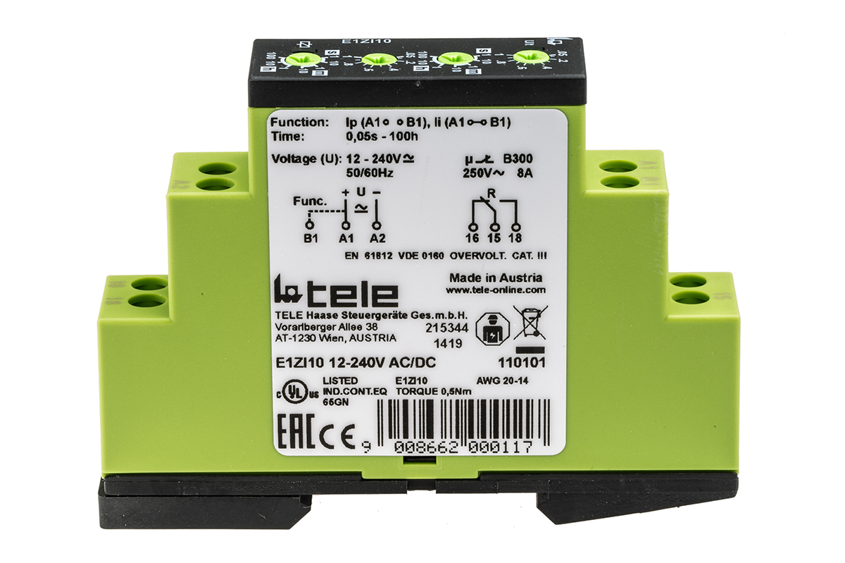 e1zi10-12-240v-acdc Tele E1ZI10 Series DIN Rail Timer Relay, 1-Contact, 240 V dc 12V ac, 240 V ac, 0.05 s to 100 h, Multifunction-Function,