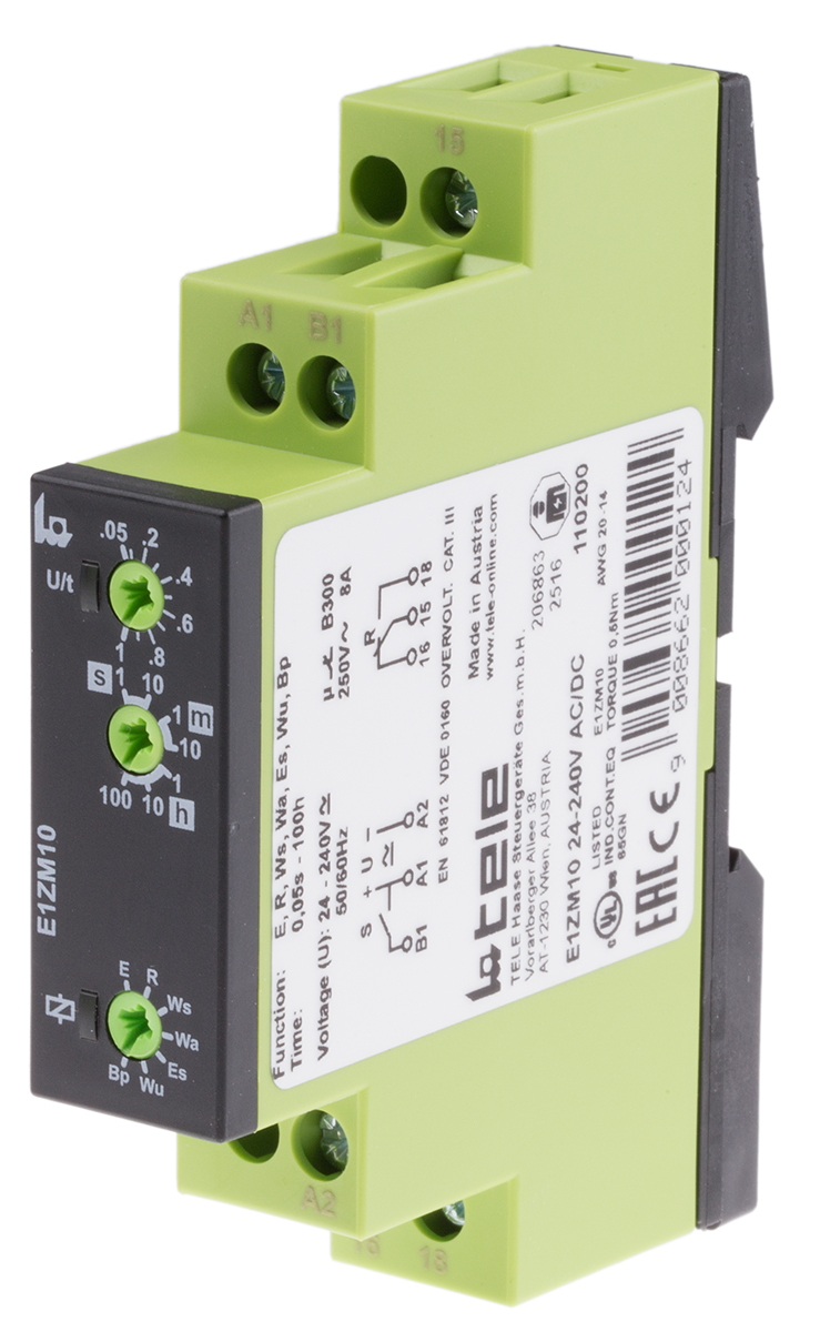 e1zm10-24-240v-acdc Tele E1ZM10 Series DIN Rail Timer Relay, 1-Contact, 240 V dc 24V ac, 240 V ac, 0.05 s to 100 h, Multifunction-Function,